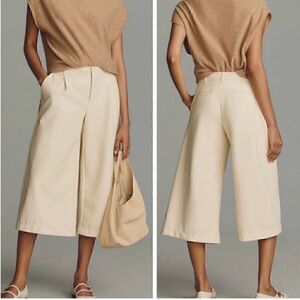 Anthropologie Maeve Colette Faux Leather Cropped Wide Leg Pants Ivory Cream 14